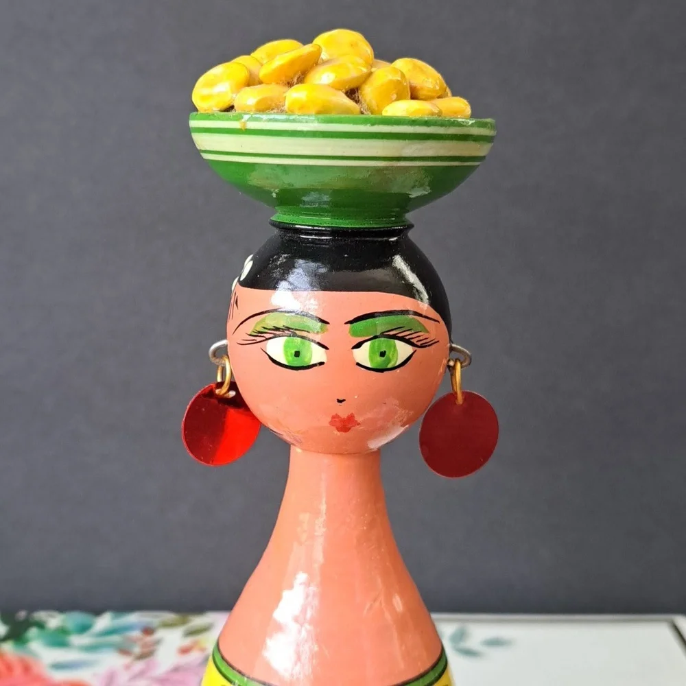 Vintage Handpainted Wooden Egyptian Peg Doll Figurine Folk Art Woman green eyes